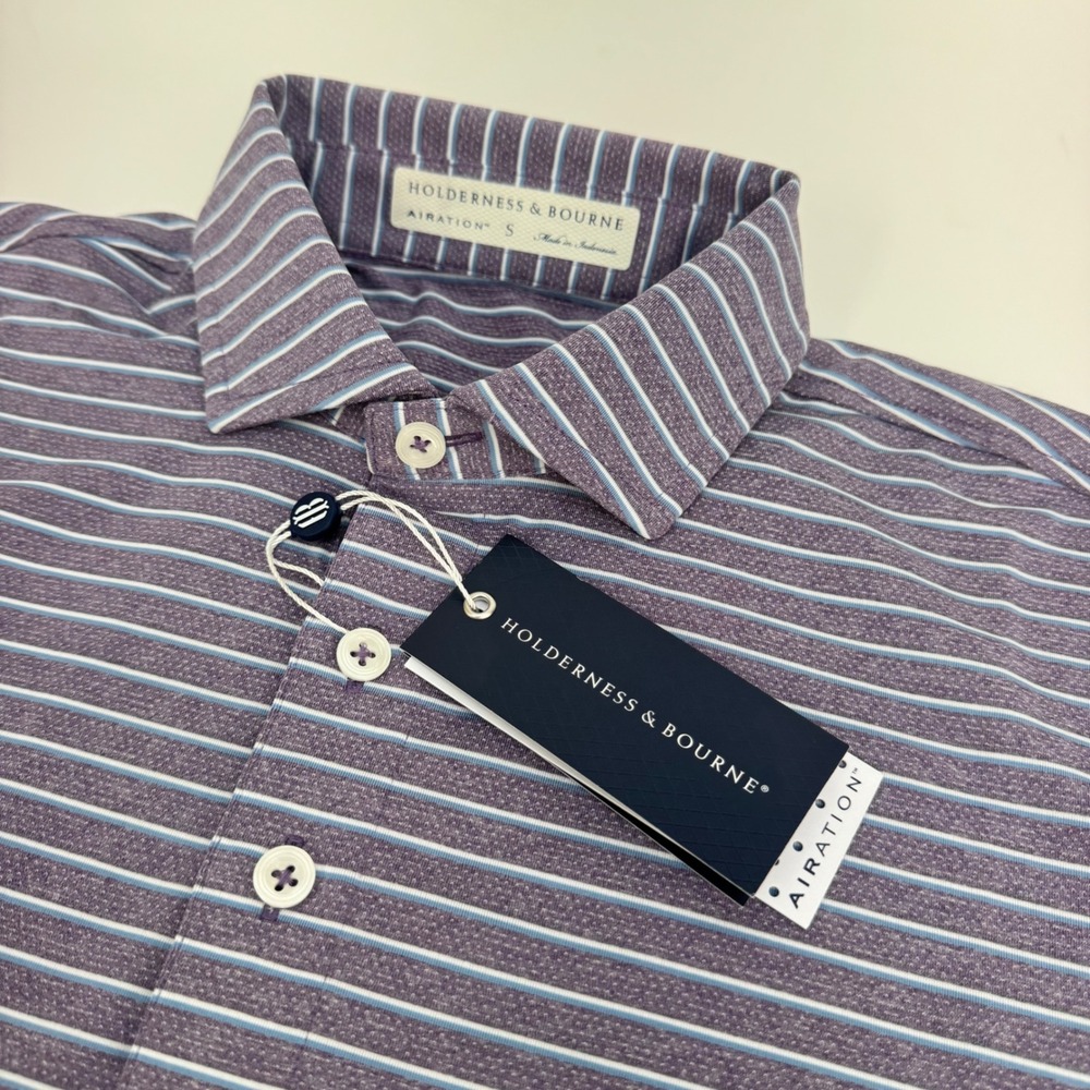 NWT Holderness & Bourne Polo The Springer Shirt Purple Stripe Airation SMALL